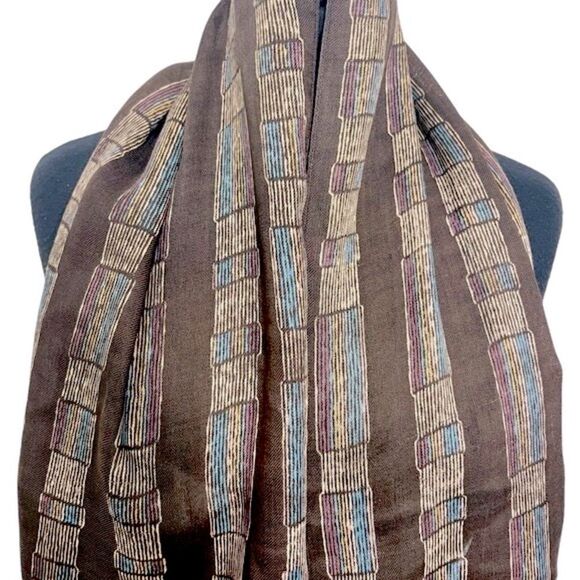 Vintage ECHO 100% Wool Long Scarf, Brown with Cream Blue Stripe Abstract Design - Picture 7 of 7